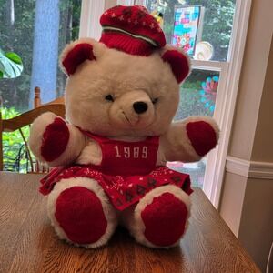 Vintage 1989 Snowflake Teddy Girl Bear White Plush Red Knit Christmas Outfit 18"
